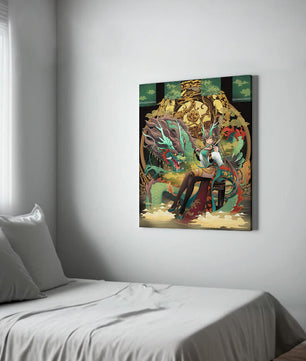 Art fantastique élégant d'une femme avec un dragon majestueux et des éléments dorés