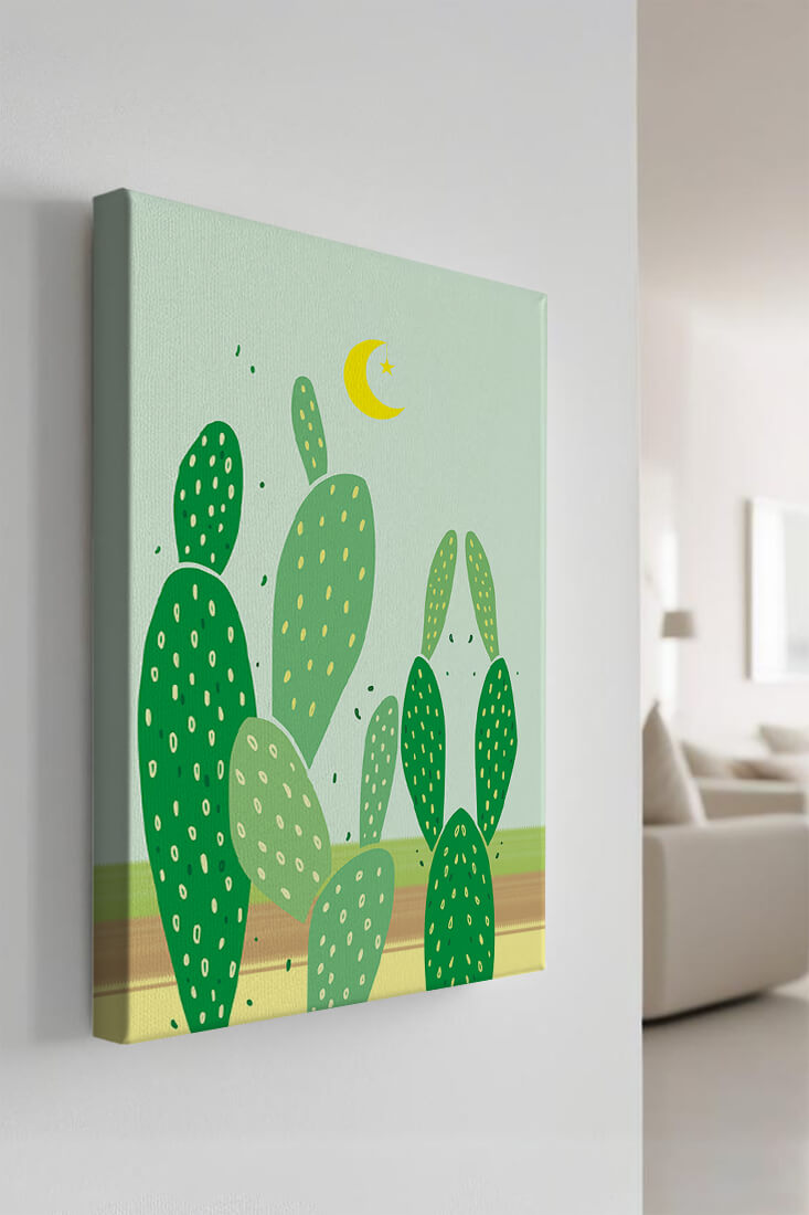 Desert cactus illustration with crescent moon