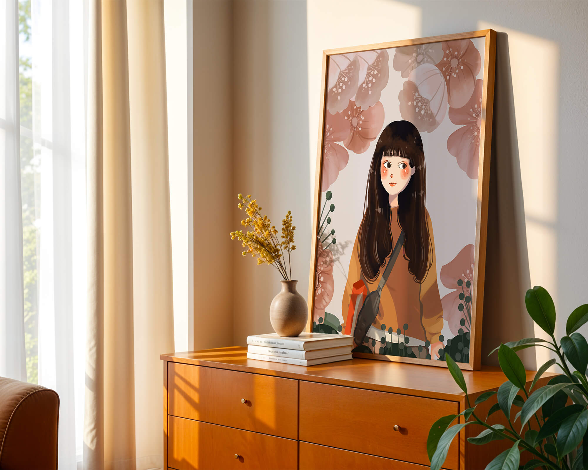 Illustration of girl with flowers in soft pastel hues