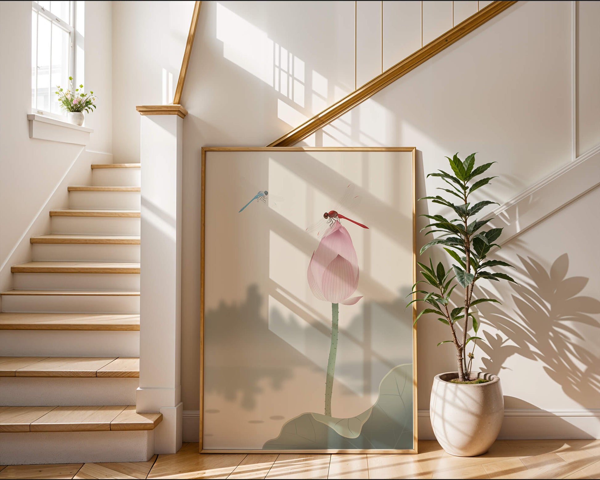 Libélulas sobre un capullo de loto con paisaje sereno