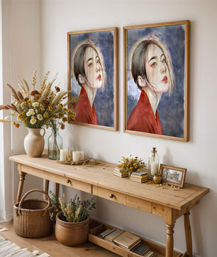 Watercolor portrait of a woman in a red garment with expressive features