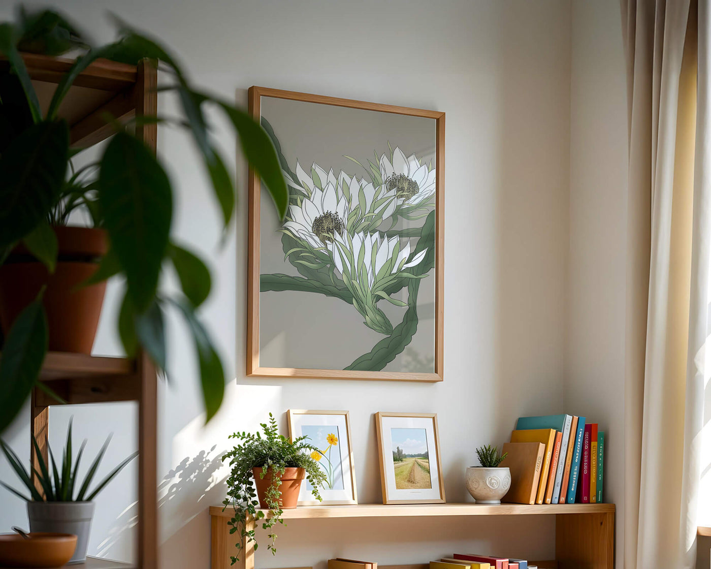 Beautiful botanical illustration of white blooming flowers with green leaves