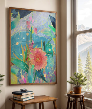 Kunst abstrak bunga yang berwarna-warni dengan bunga dan daun yang cerah