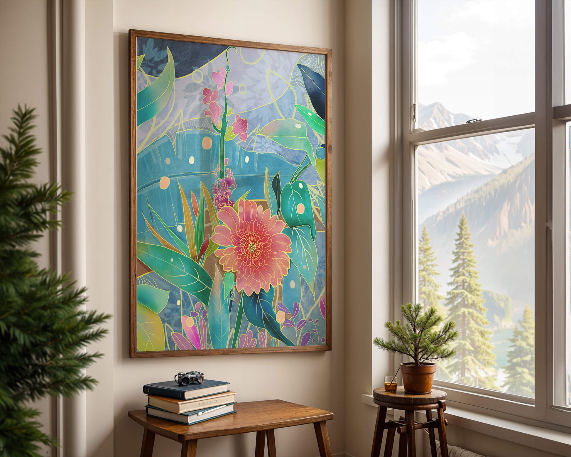 Kunst abstrak bunga yang berwarna-warni dengan bunga dan daun yang cerah
