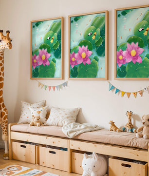 Girl and Panda Relaxing on Lily Pads with Pink Lotus and Goldfish
