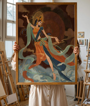 Elegant depiction of an ethereal dancer in vibrant traditional attire