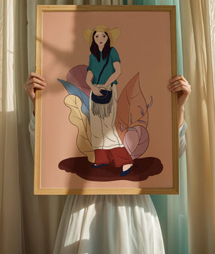 Ilustración de moda de una mujer con sombrero sobre fondo pastel
