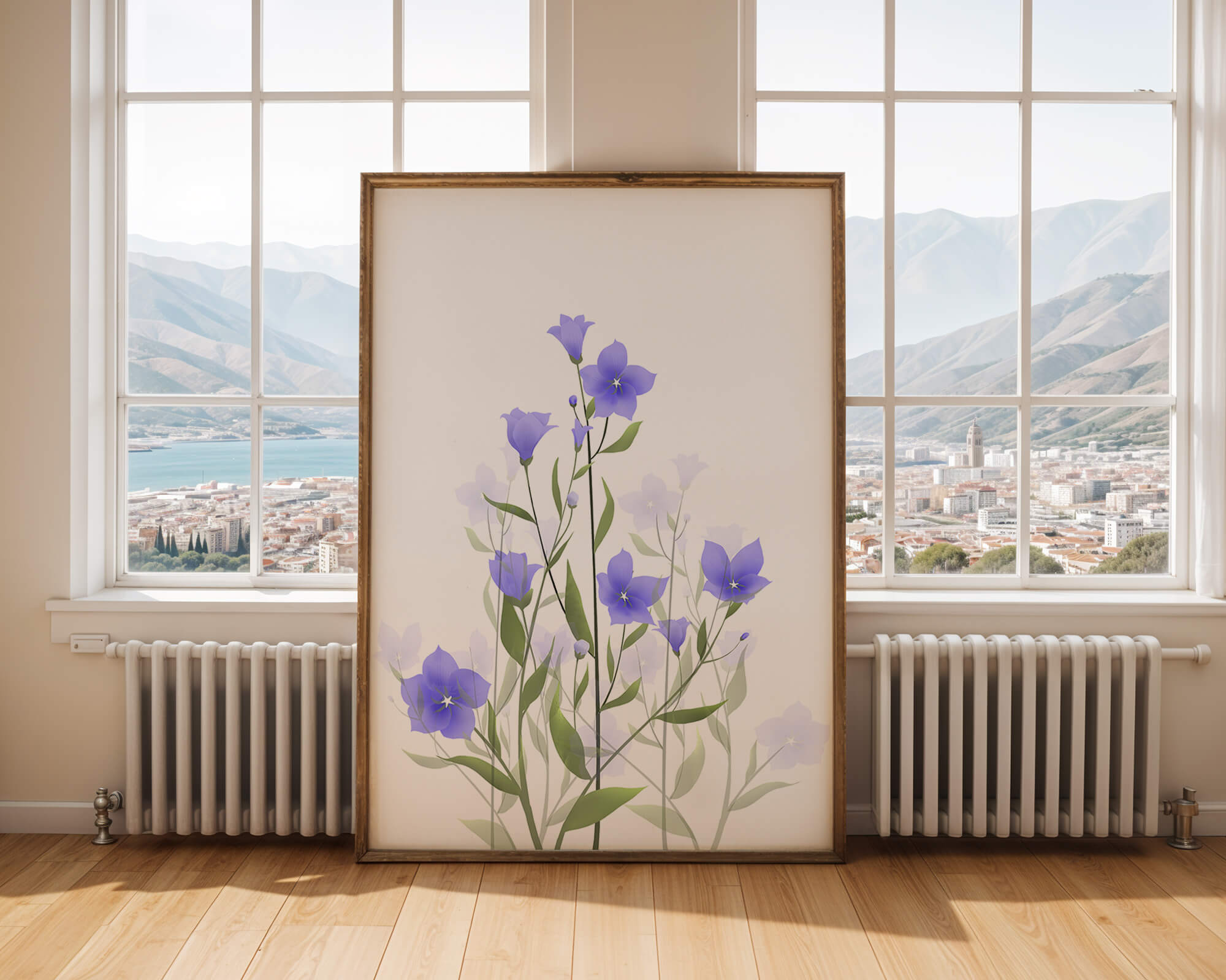 Elegant pastel blue flowers with green leaves on a white background