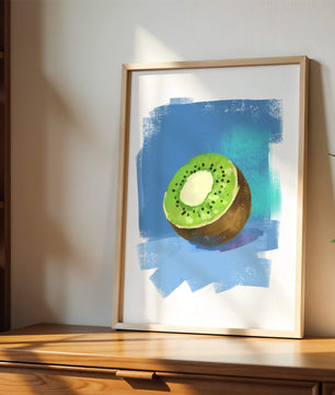 Illustration of a kiwi with a textured blue background