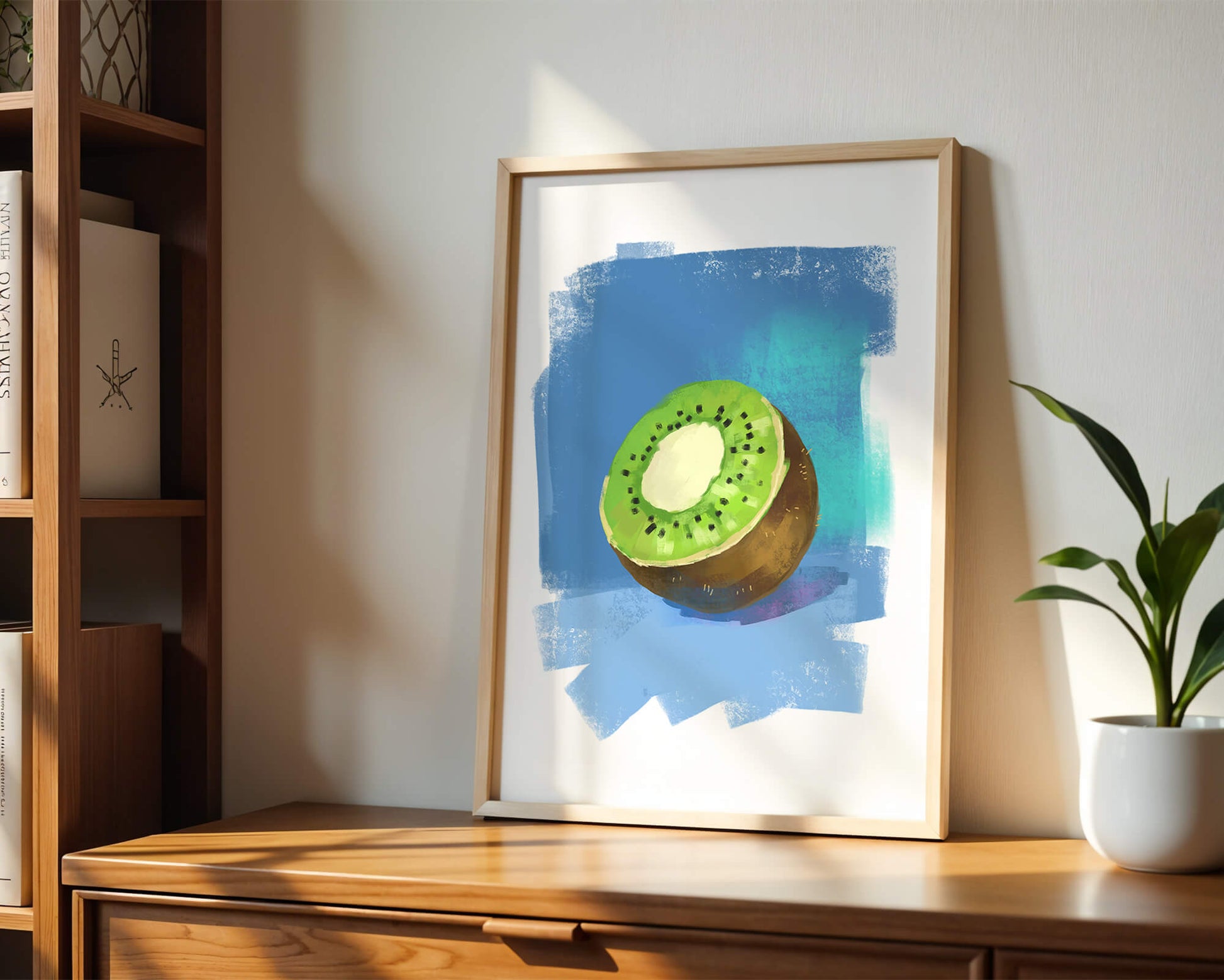 Illustration of a kiwi with a textured blue background