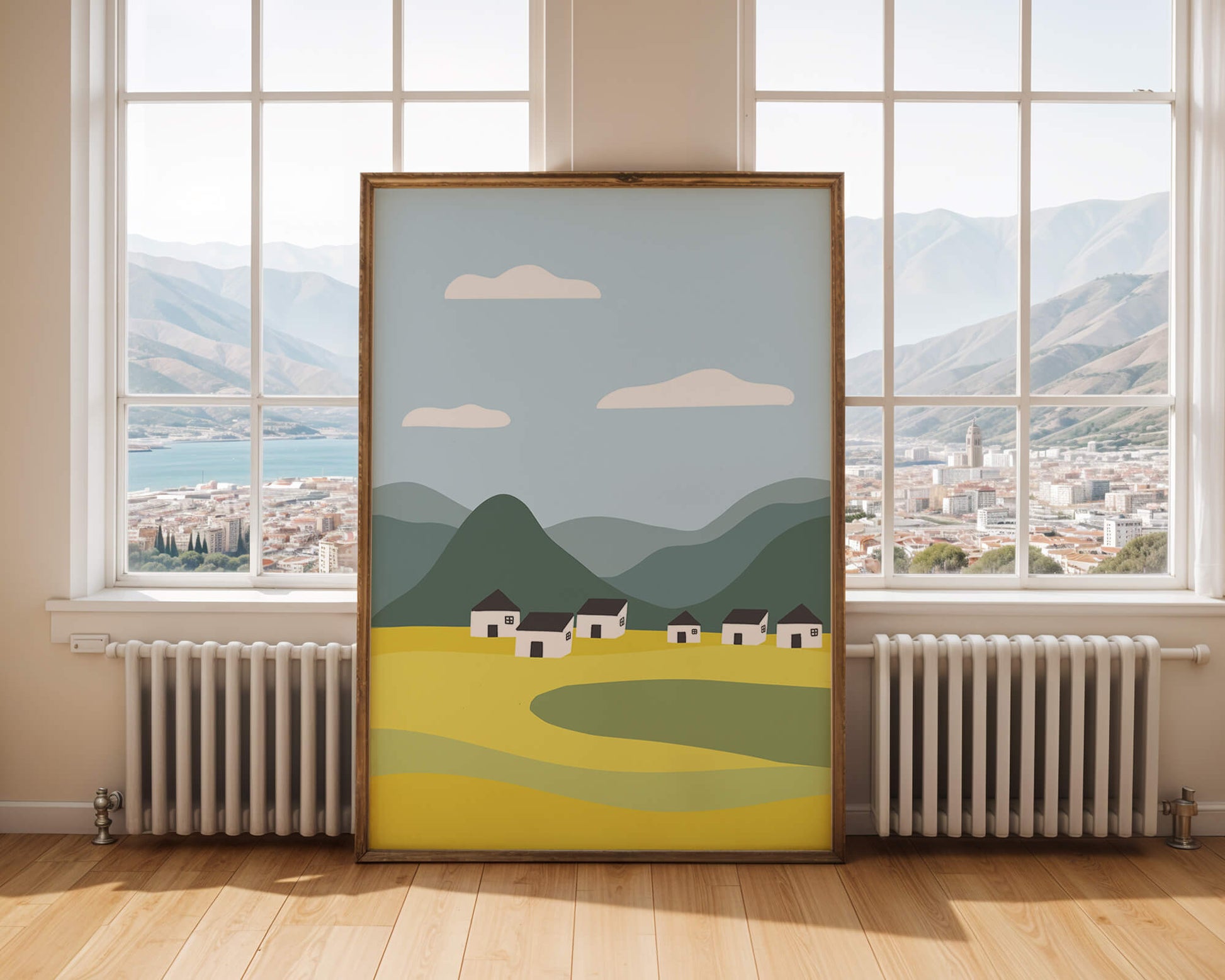 Pastoral Landscape with Mountains and Houses Under Blue Sky