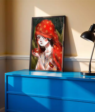 Illustration d'une fille en capuchon rouge tenant une pomme dans une forêt
