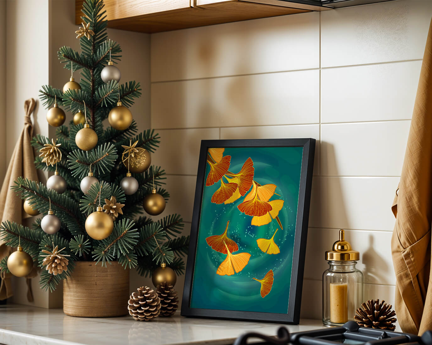 Stylized Ginkgo Leaves Floating on a Turquoise Background