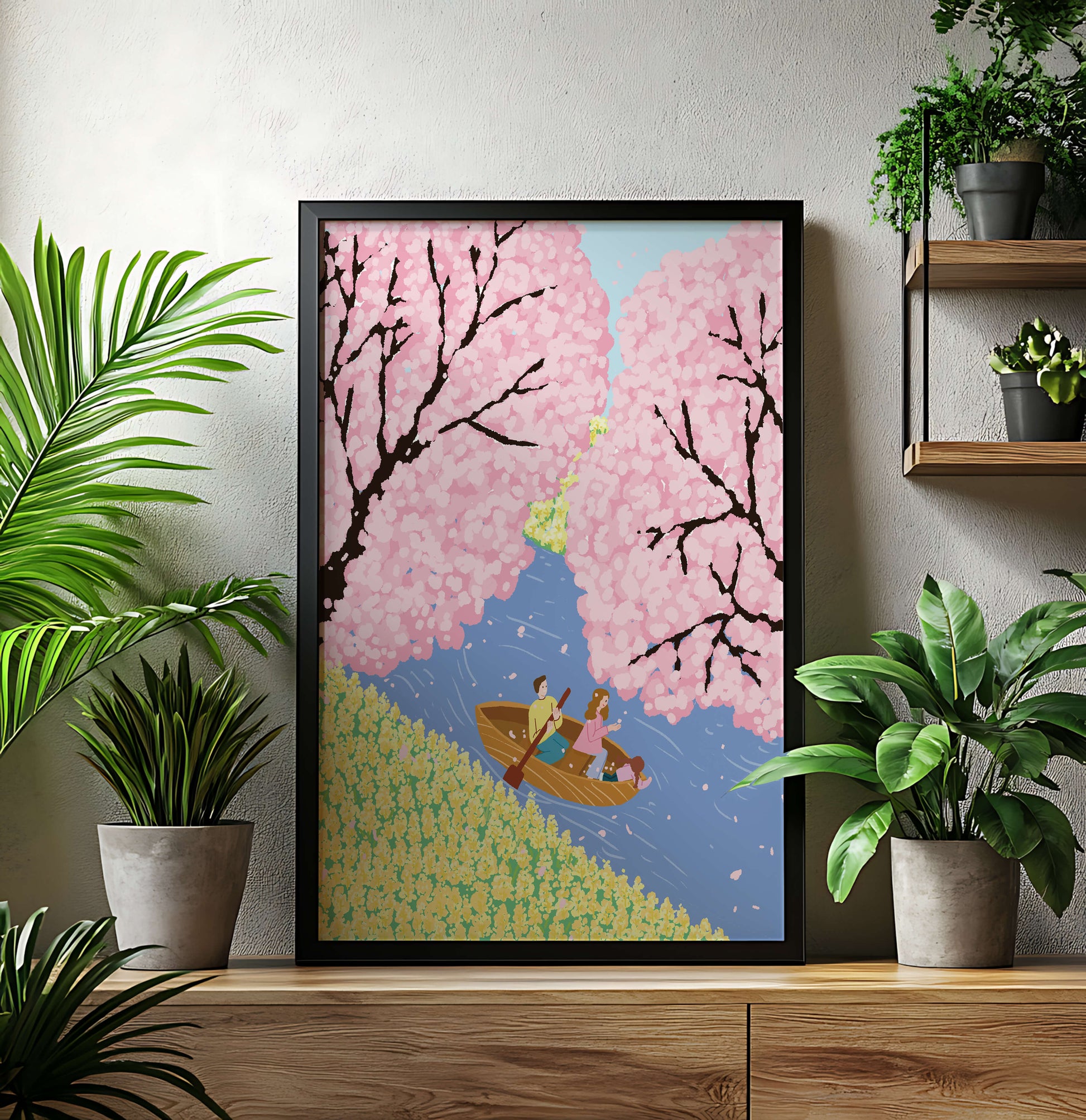 Family Rowing on Serene River with Cherry Blossoms