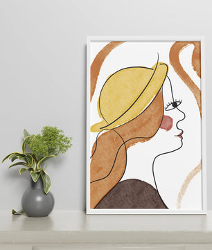 Retrato de línea moderna de una mujer con sombrero y colores vibrantes