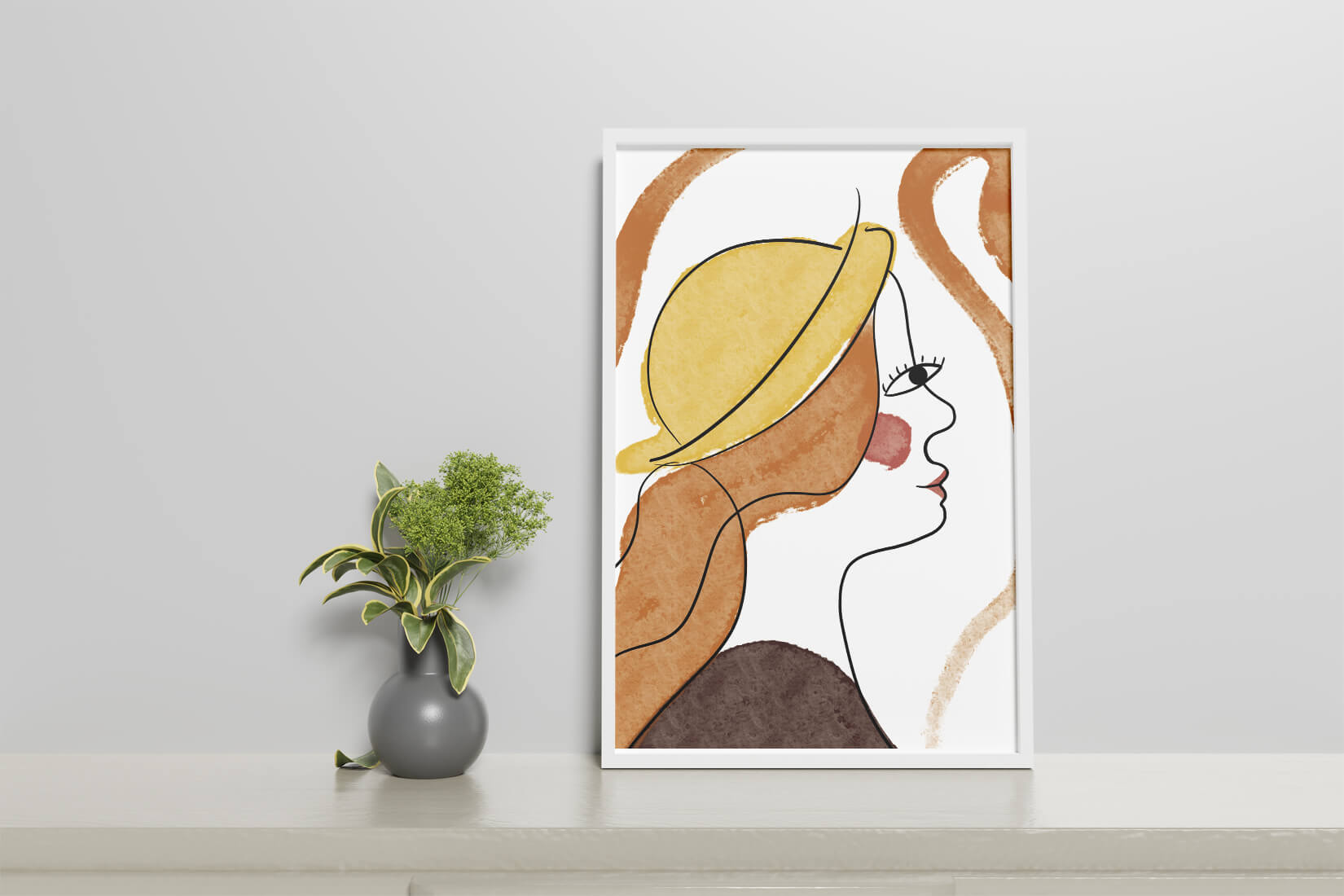 Retrato de línea moderna de una mujer con sombrero y colores vibrantes