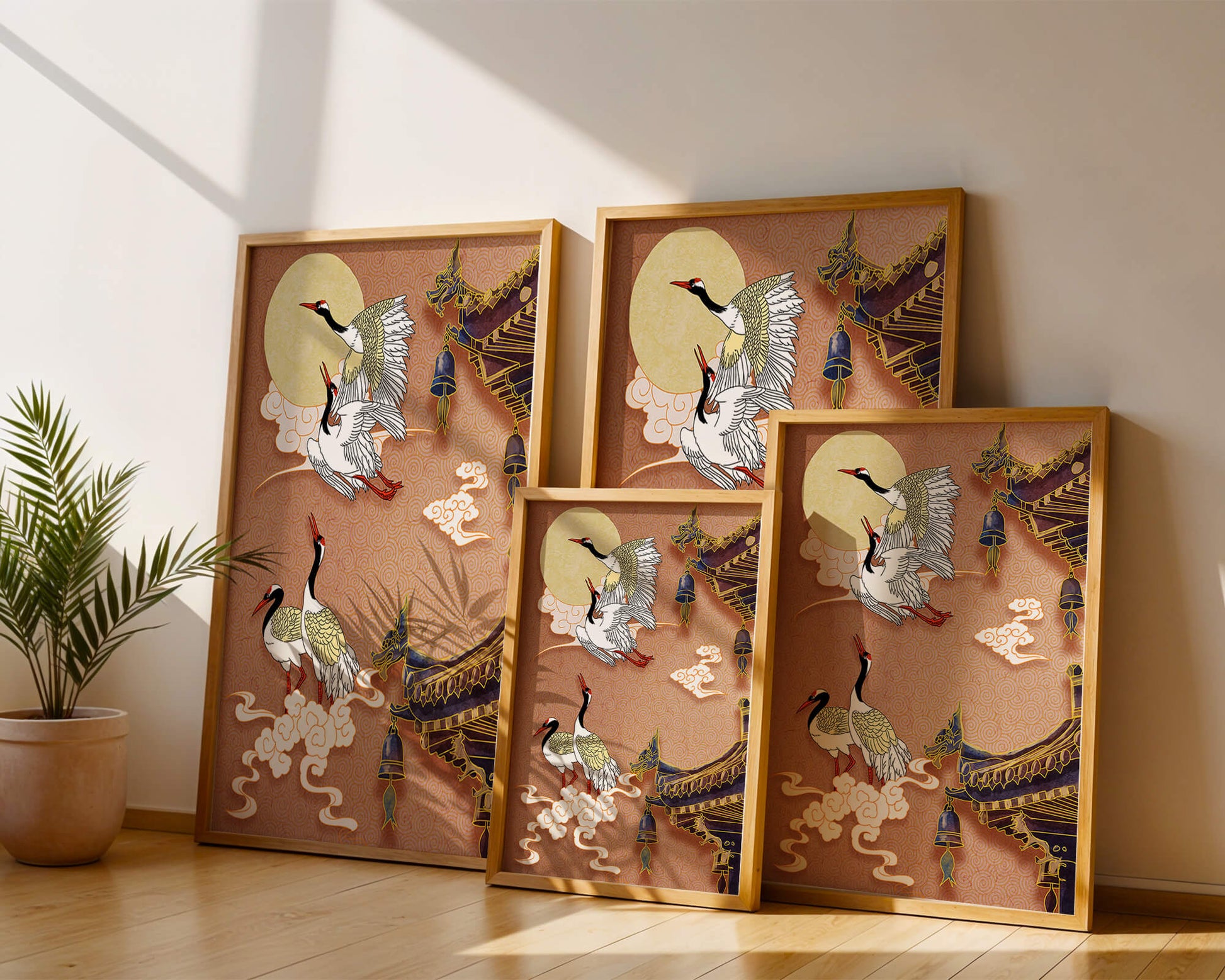 Elegant cranes flying beside traditional Asian architecture under moonlight
