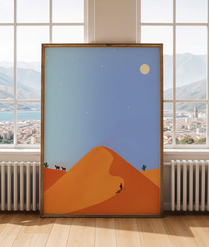 Serene desert landscape with dunes, camels, and a lone traveler under a starry sky