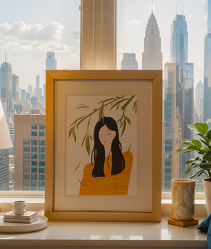 Illustration d'une femme en pull orange avec un fond de feuillage