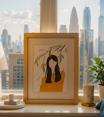 Woman in orange sweater with foliage backdrop illustration