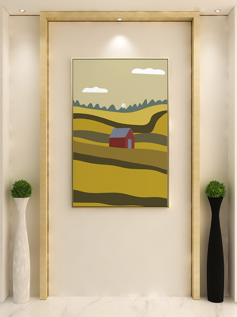 Paisaje con granero rojo entre colinas onduladas bajo un cielo azul