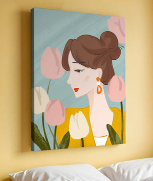 Illustration d'une femme avec des tulipes et des boucles d'oreilles élégantes