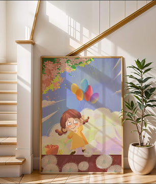 Whimsical illustration of a girl with balloons under vibrant pink blossoms