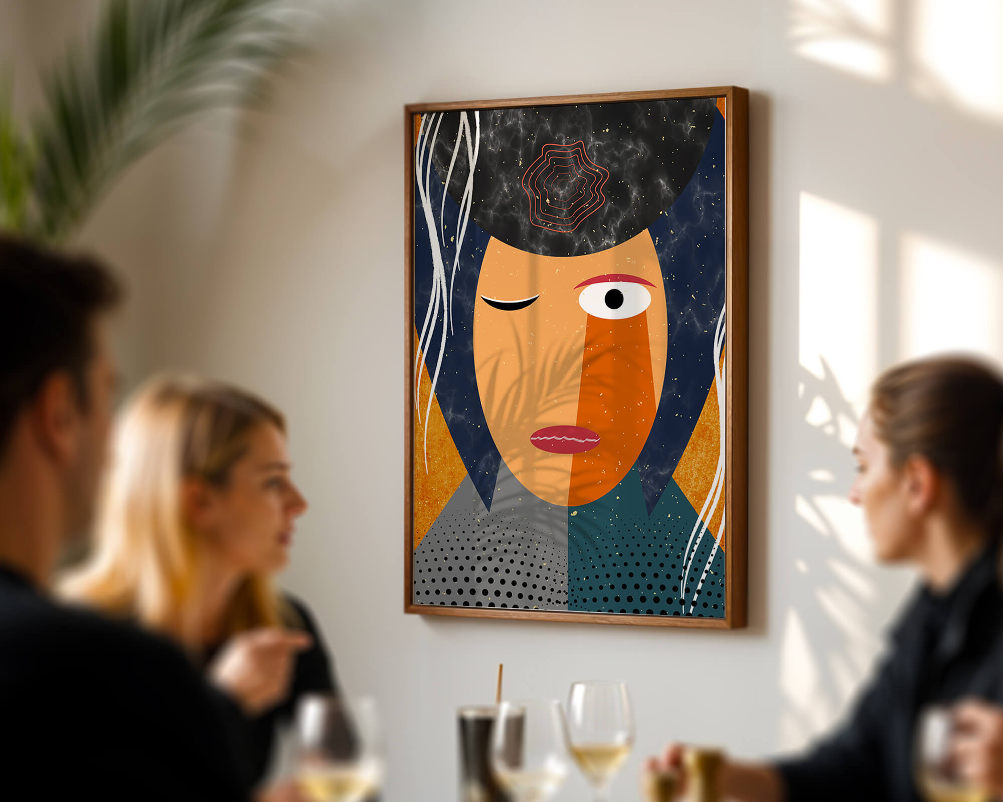 Abstract geometric portrait featuring vibrant colors and textures