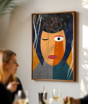 Retrato geométrico abstracto con colores vibrantes y texturas
