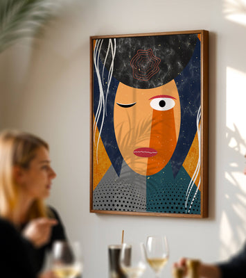 Abstract geometric portrait featuring vibrant colors and textures