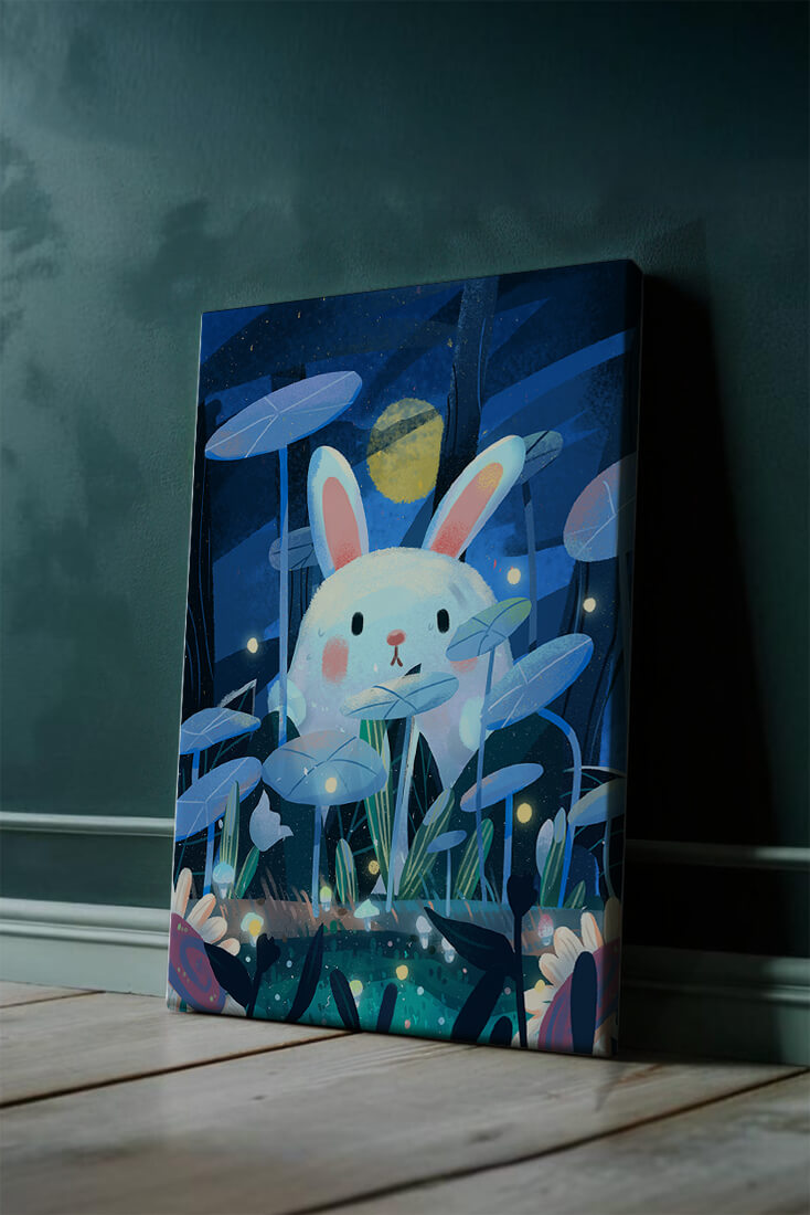 Cute rabbit in a dreamy moonlit forest