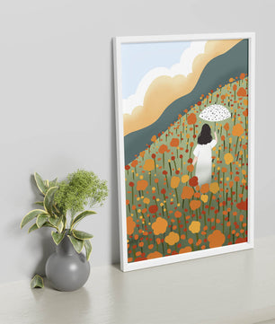 Woman with Umbrella in Blooming Field on a Sunny Day