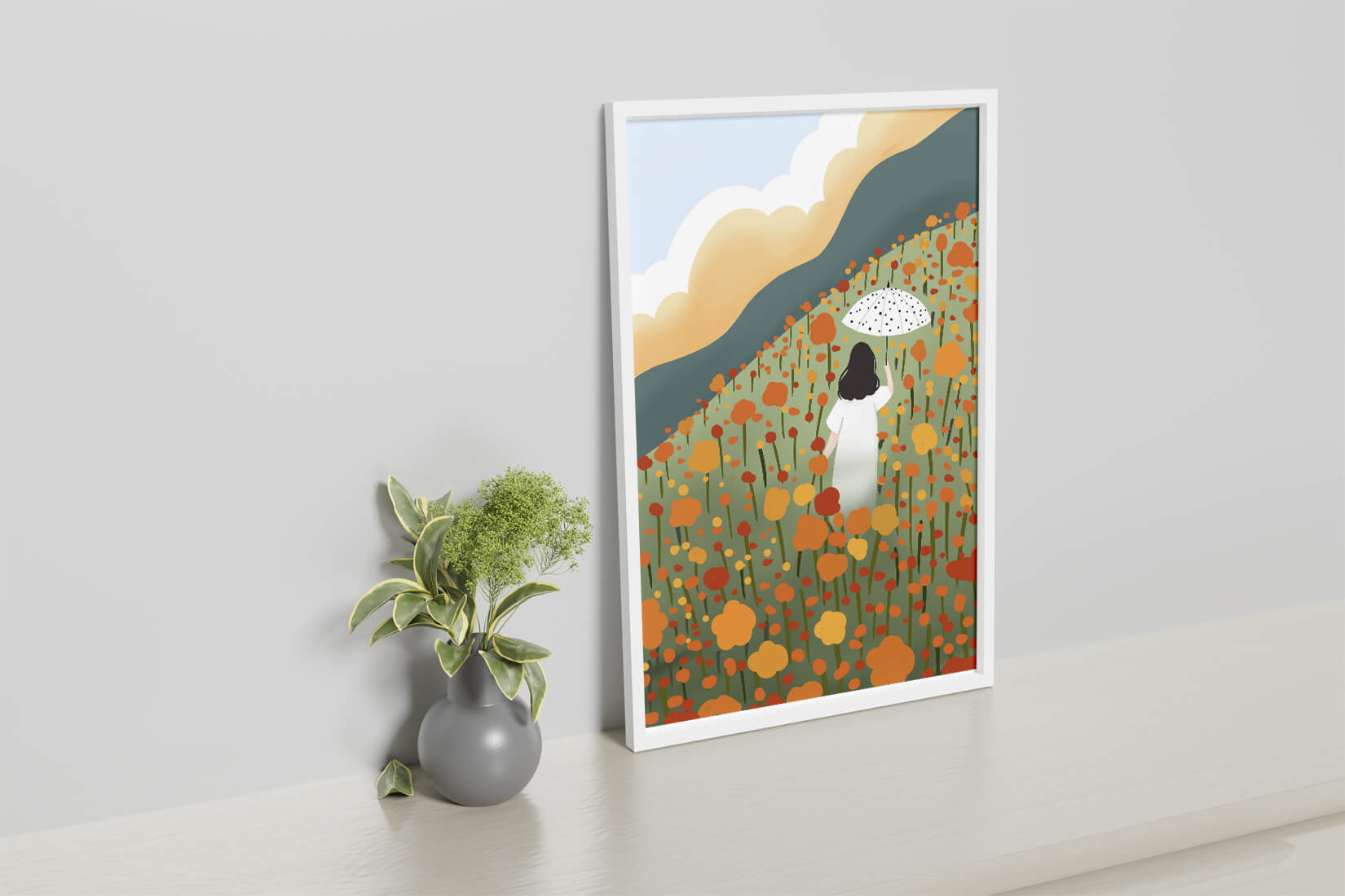 Woman with Umbrella in Blooming Field on a Sunny Day