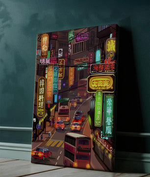 Vibrant urban street with neon signs and bustling traffic at night