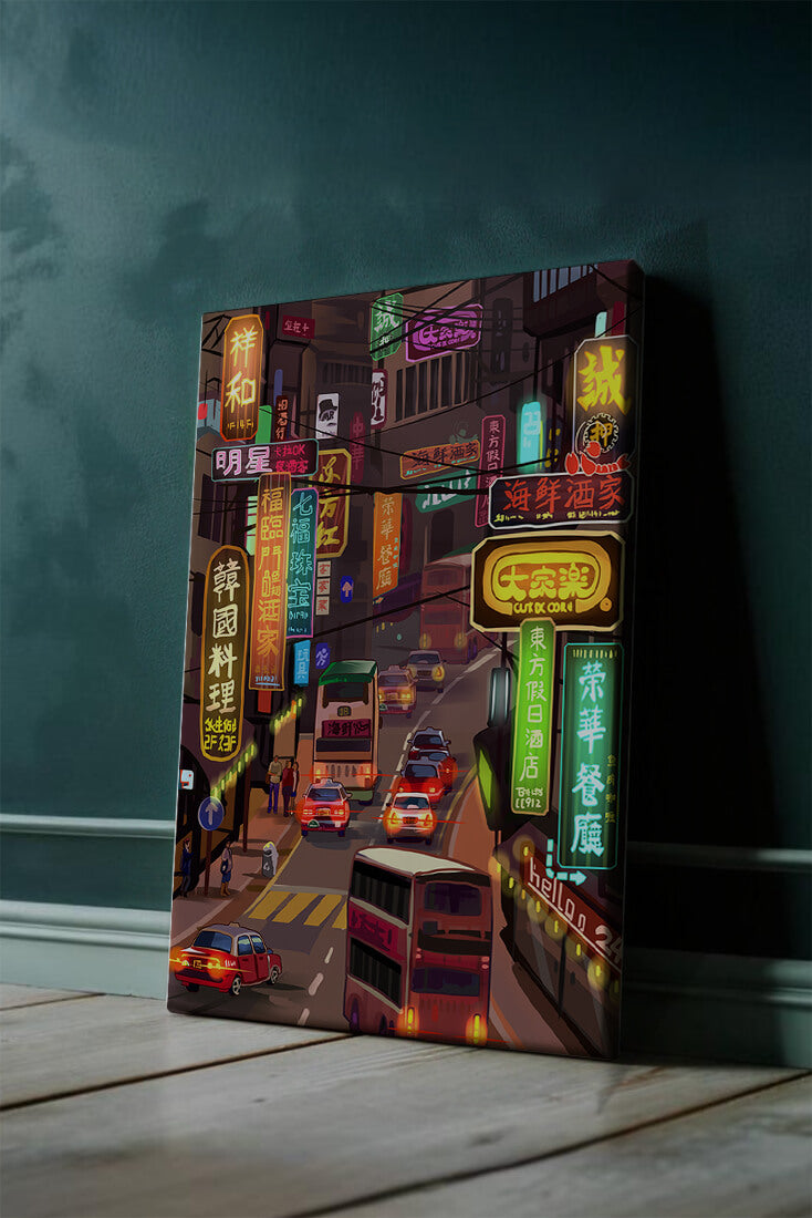 Vibrant urban street with neon signs and bustling traffic at night