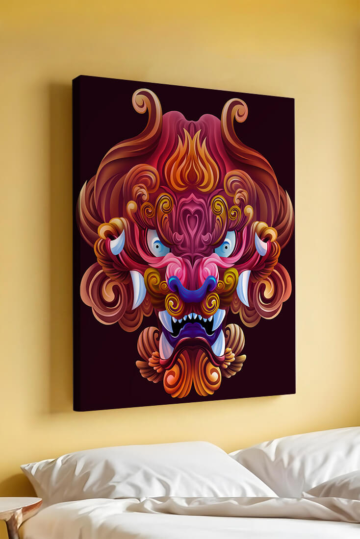 Intricate Colorful Dragon Face Illustration with Swirling Patterns
