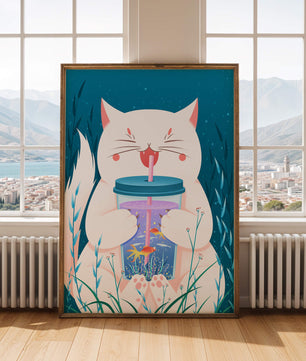Playful cat with a fish tank tumbler in the underwater scene illustration