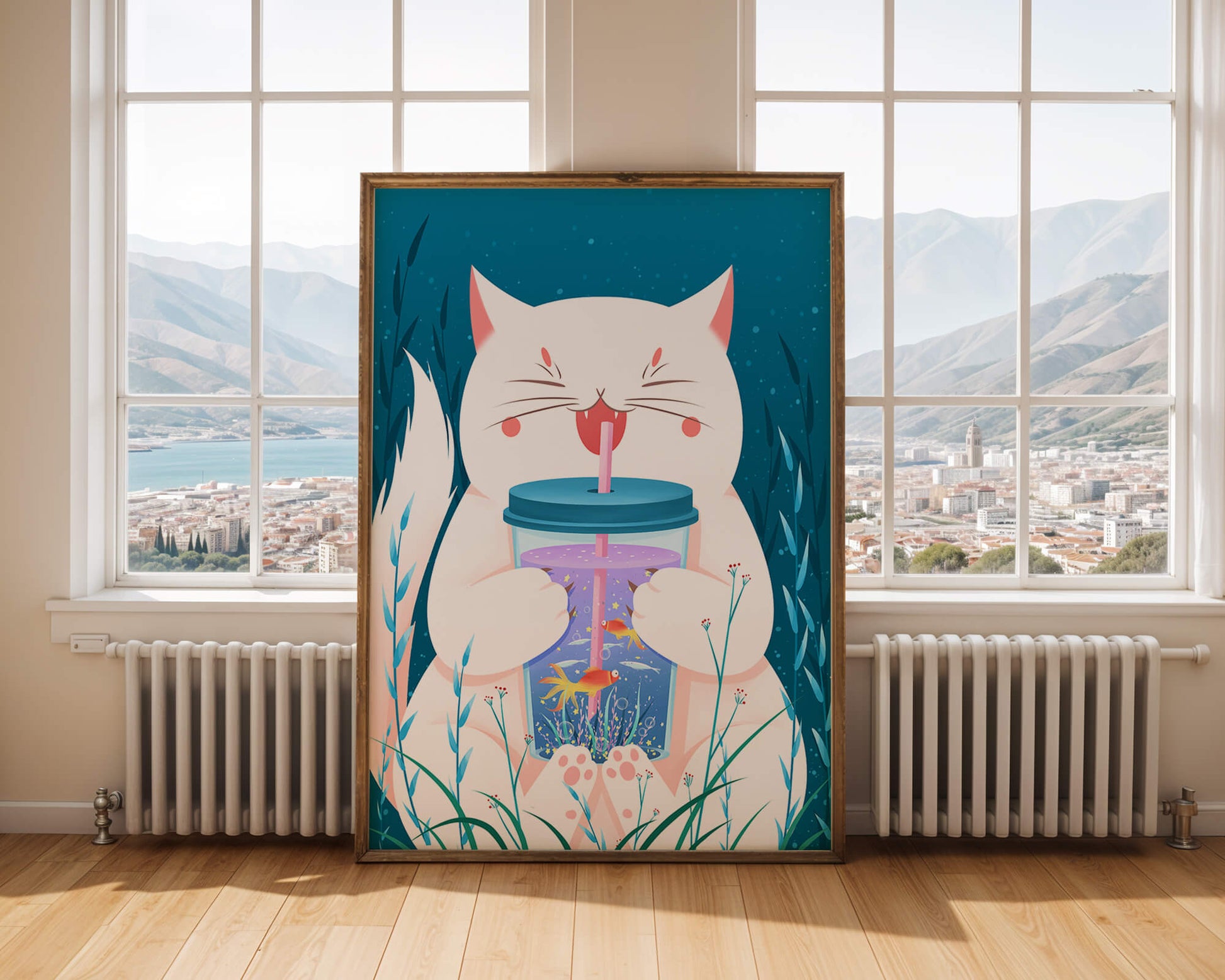 Playful cat with a fish tank tumbler in the underwater scene illustration