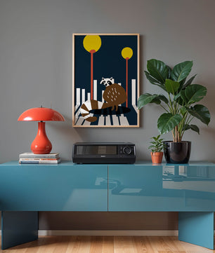 Raccoon Illustration with Urban Street Lamps and Geometric Design