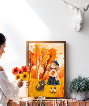 Girl with Cute Cat in Autumn Forest with Colorful Leaves