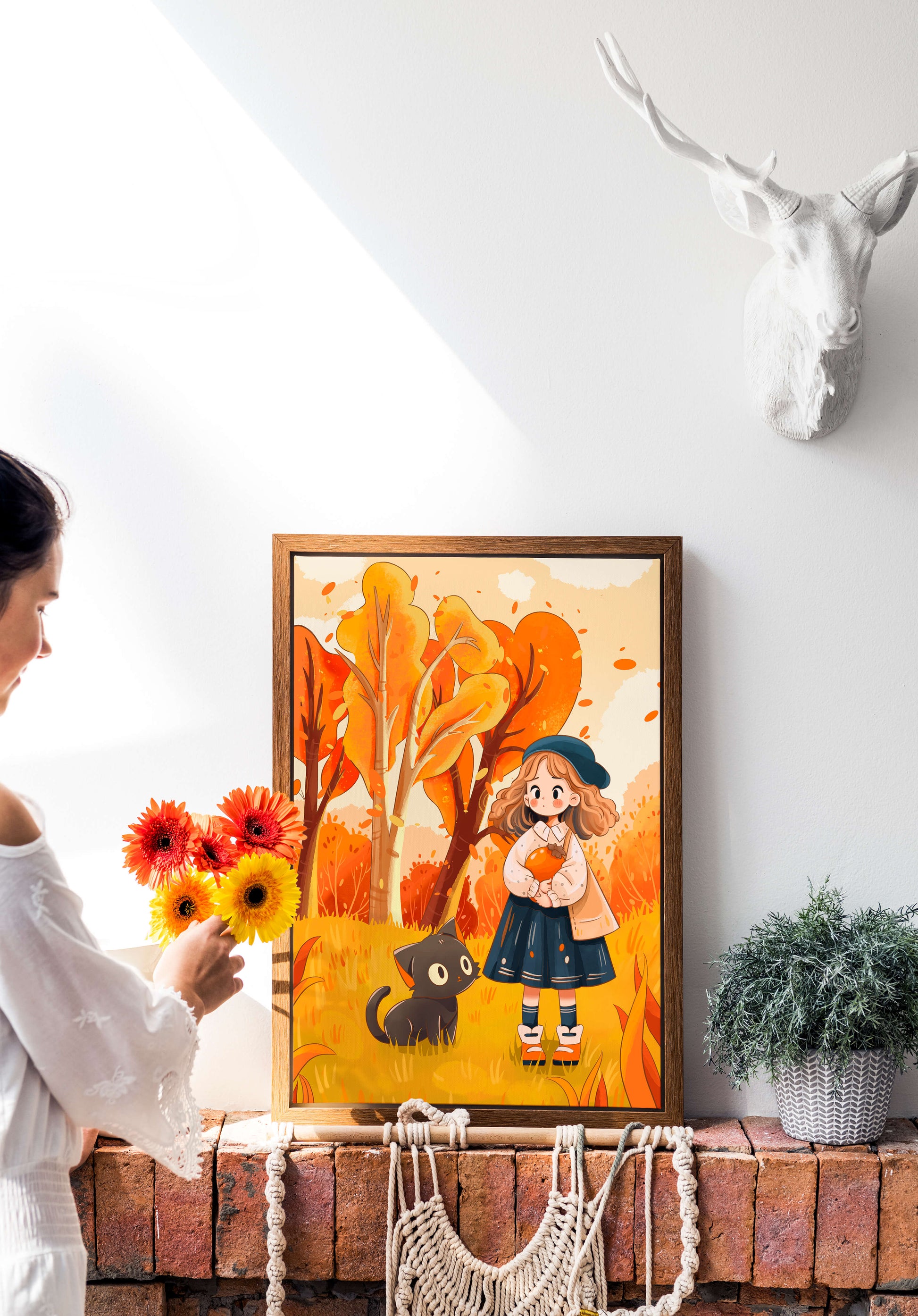 Girl with Cute Cat in Autumn Forest with Colorful Leaves