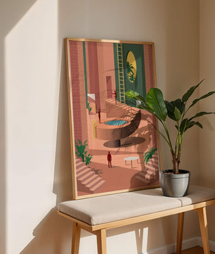 Modernes architektonisches Interieur mit geometrischem Design und Grün