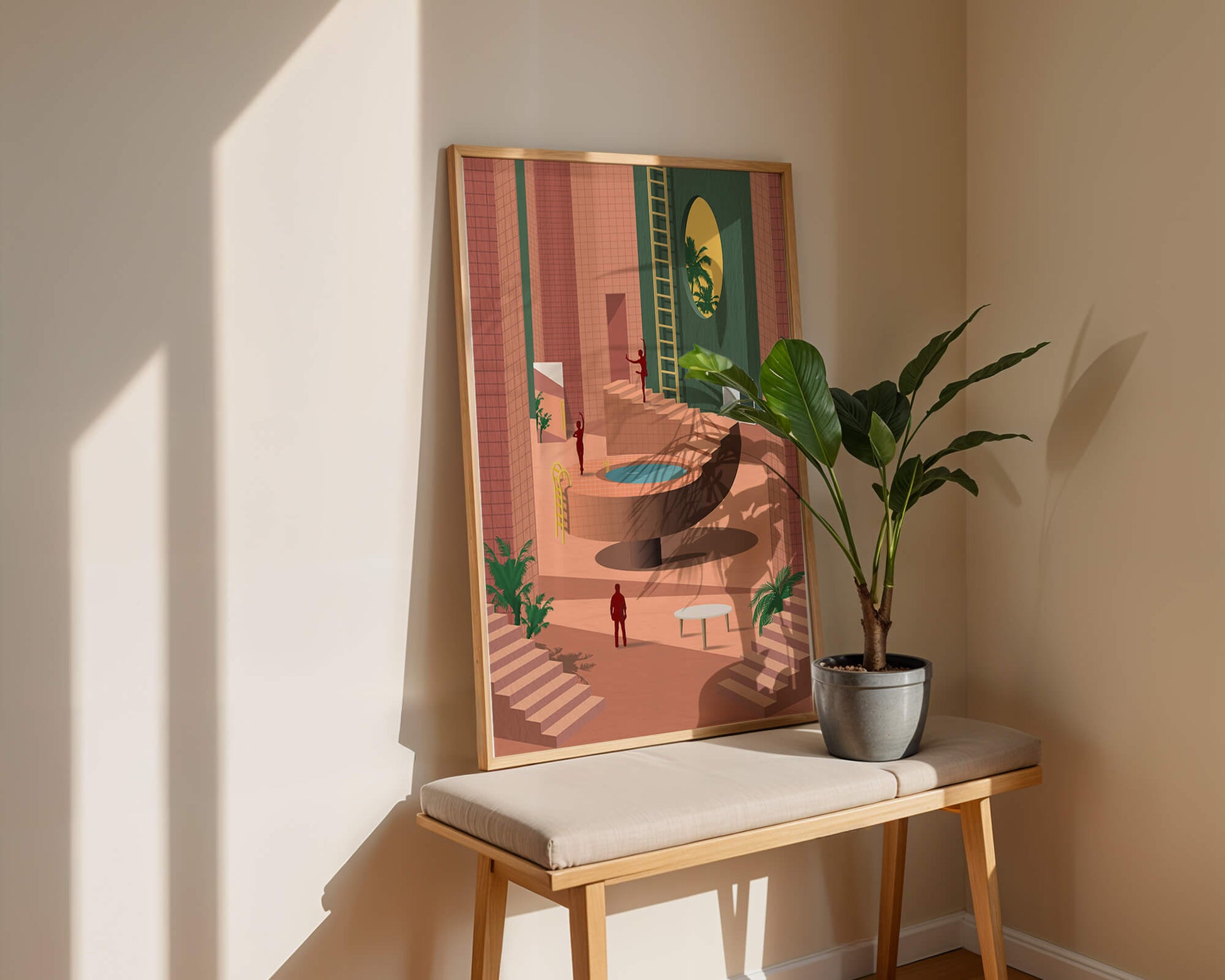 Modern architectural interior with geometric design and greenery