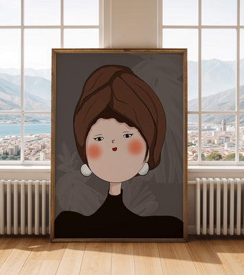 Elegant portrait of a woman with a unique headscarf and expressive features