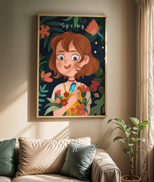 Ilustración primaveral encantadora con flores y mariposa