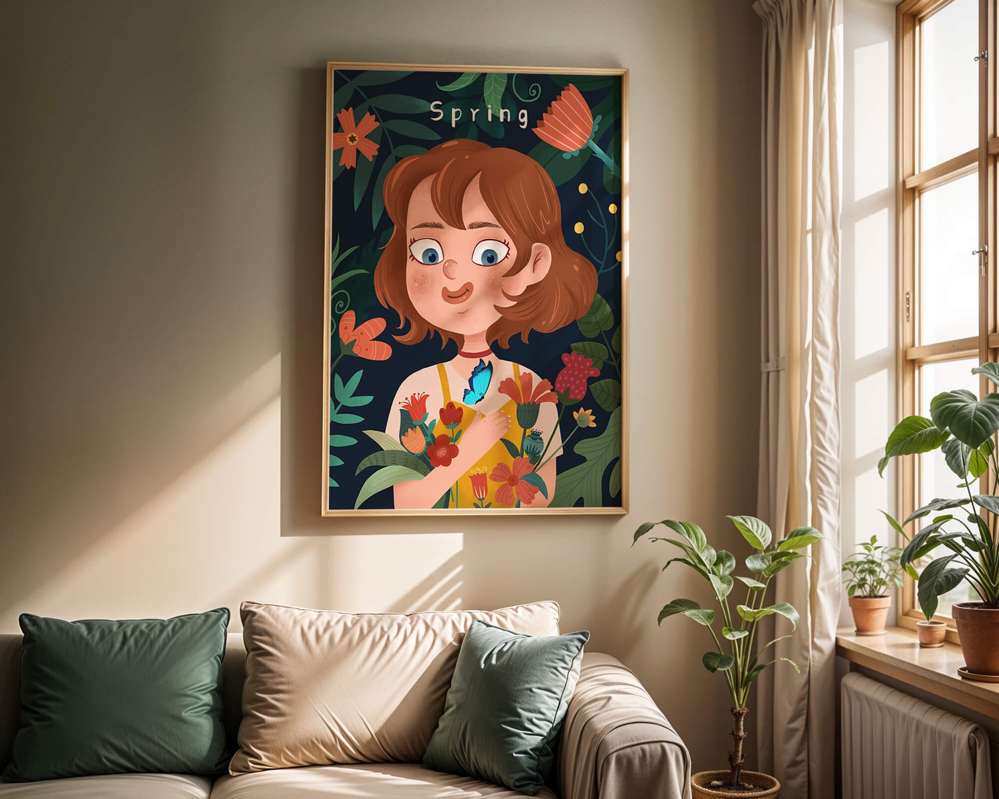Ilustración primaveral encantadora con flores y mariposa