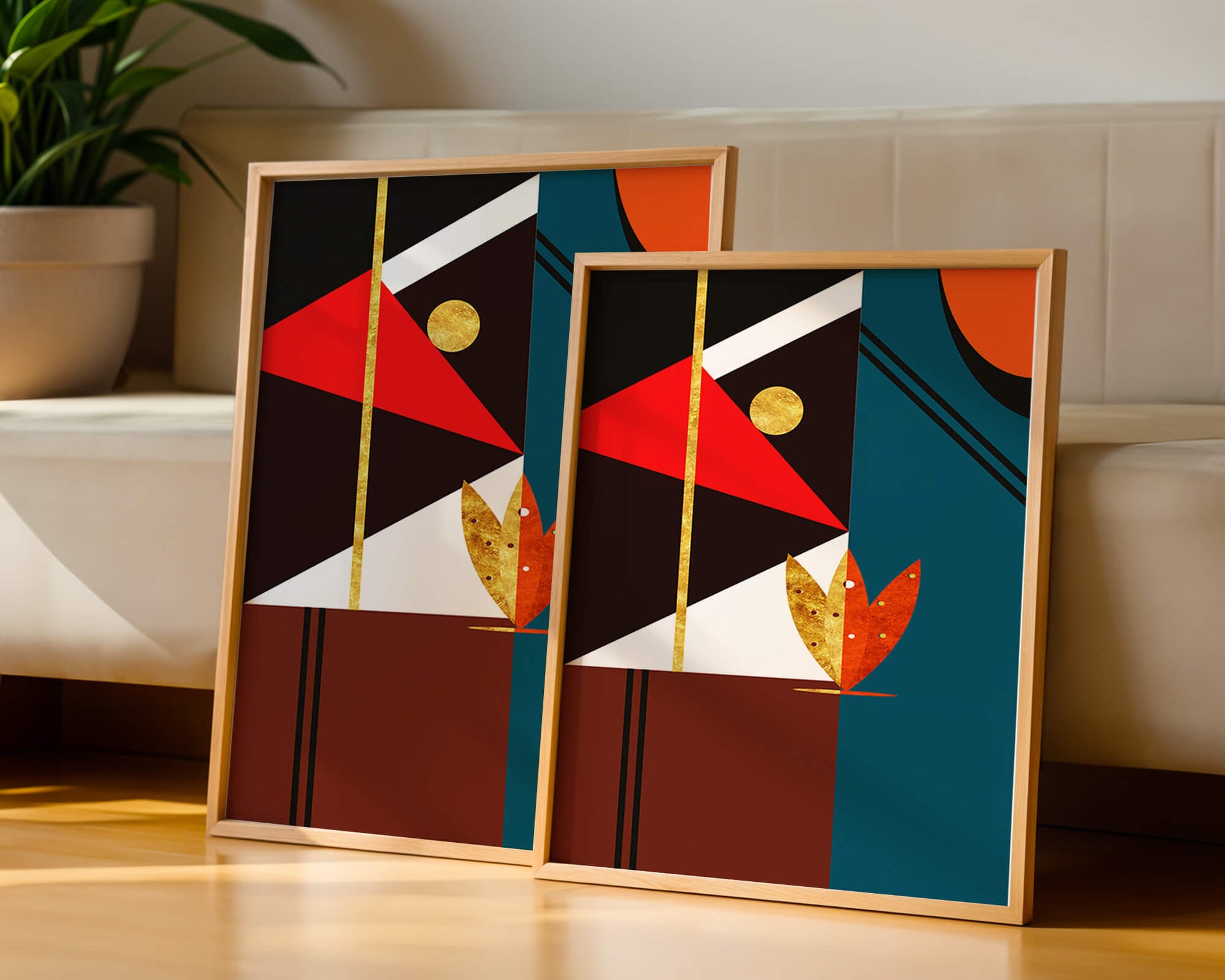 Geometrische abstrakte Kunst mit Gold und kräftigen Formen
