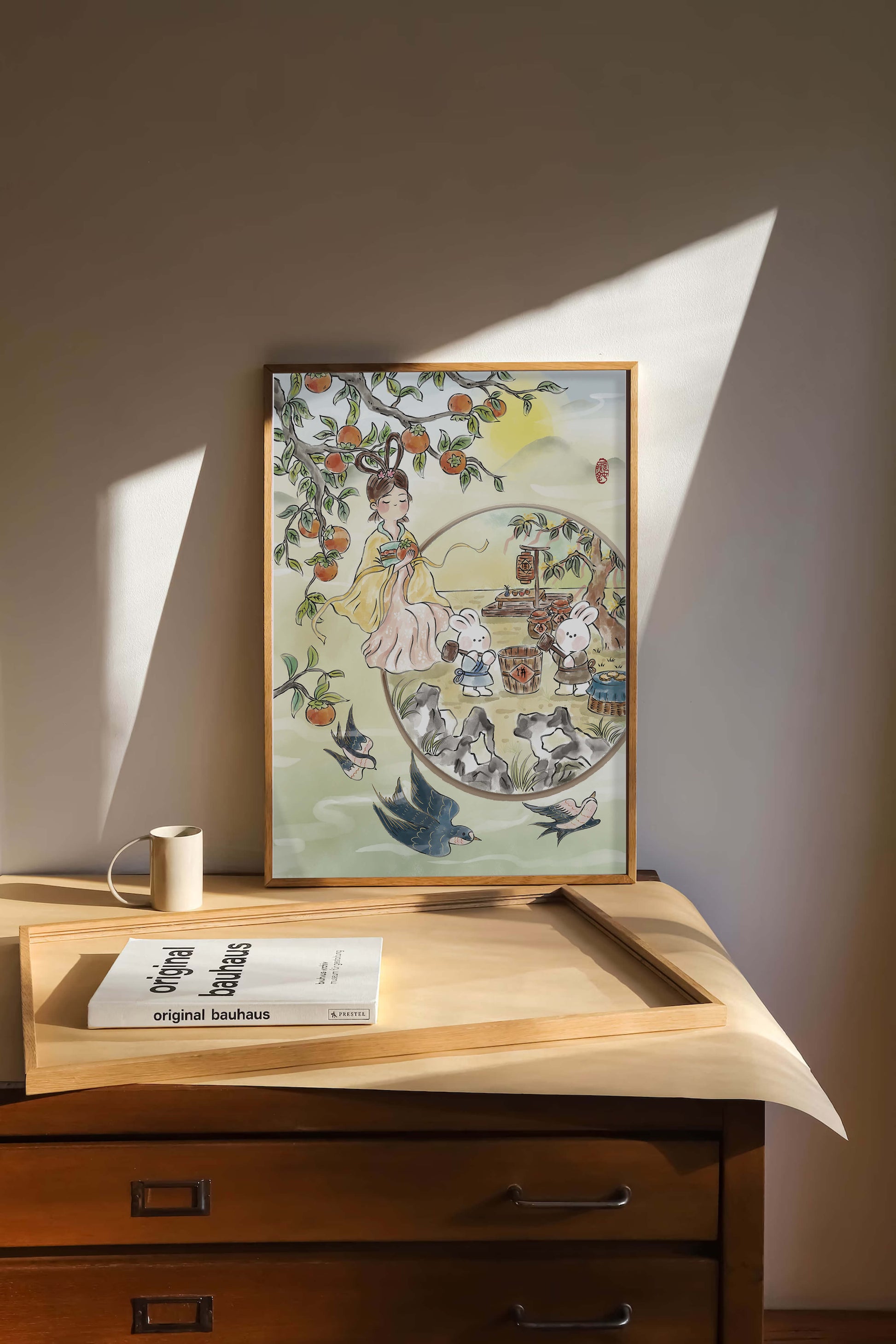 Charmante orientalische Szene mit Kaninchen, Mädchen und Kumquats in der Natur