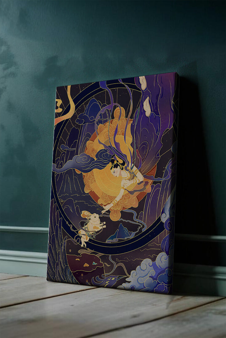 Elegant goddess reaching towards a celestial rabbit in a cosmic scene