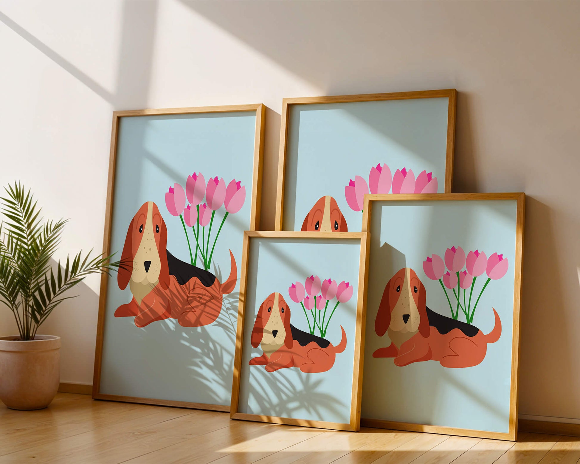 Illustration eines Basset Hound mit rosa Blumen auf hellblauem Hintergrund